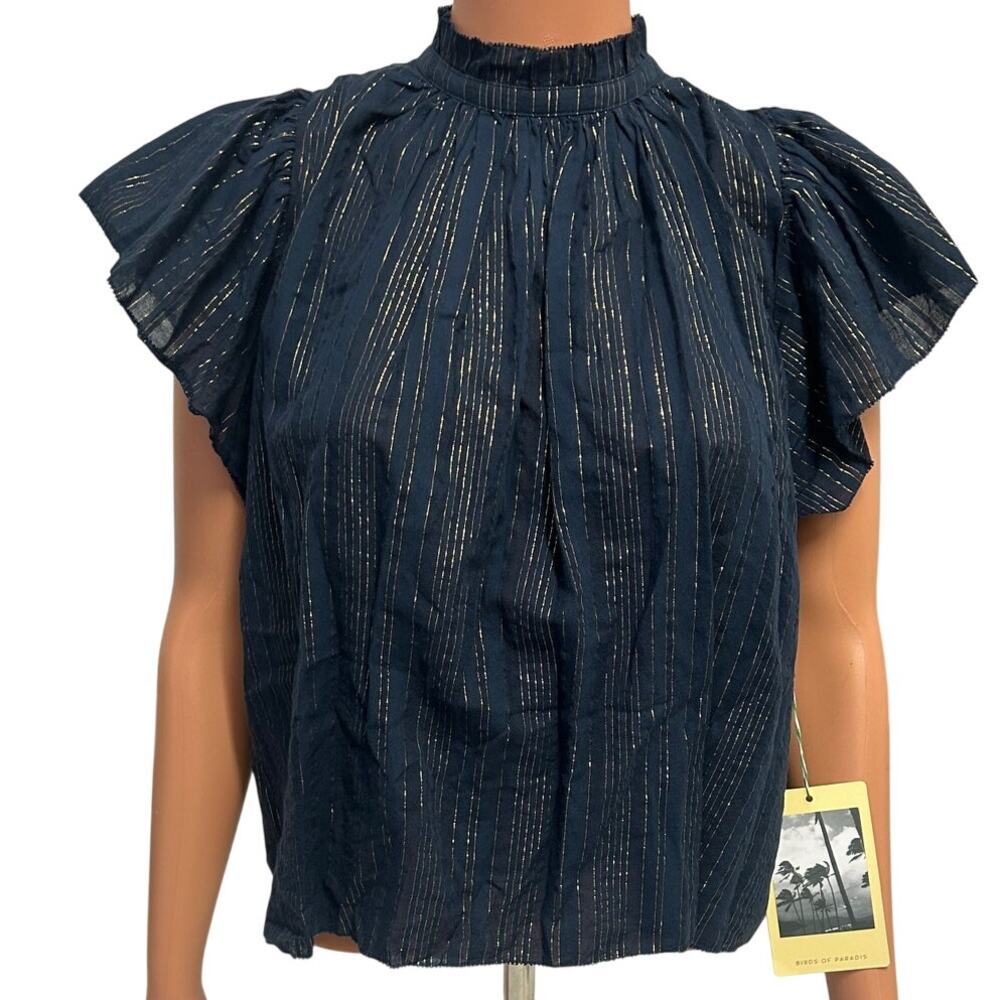 Birds of Paridise by Trovata Navy blue mock neck metallic silver stripes